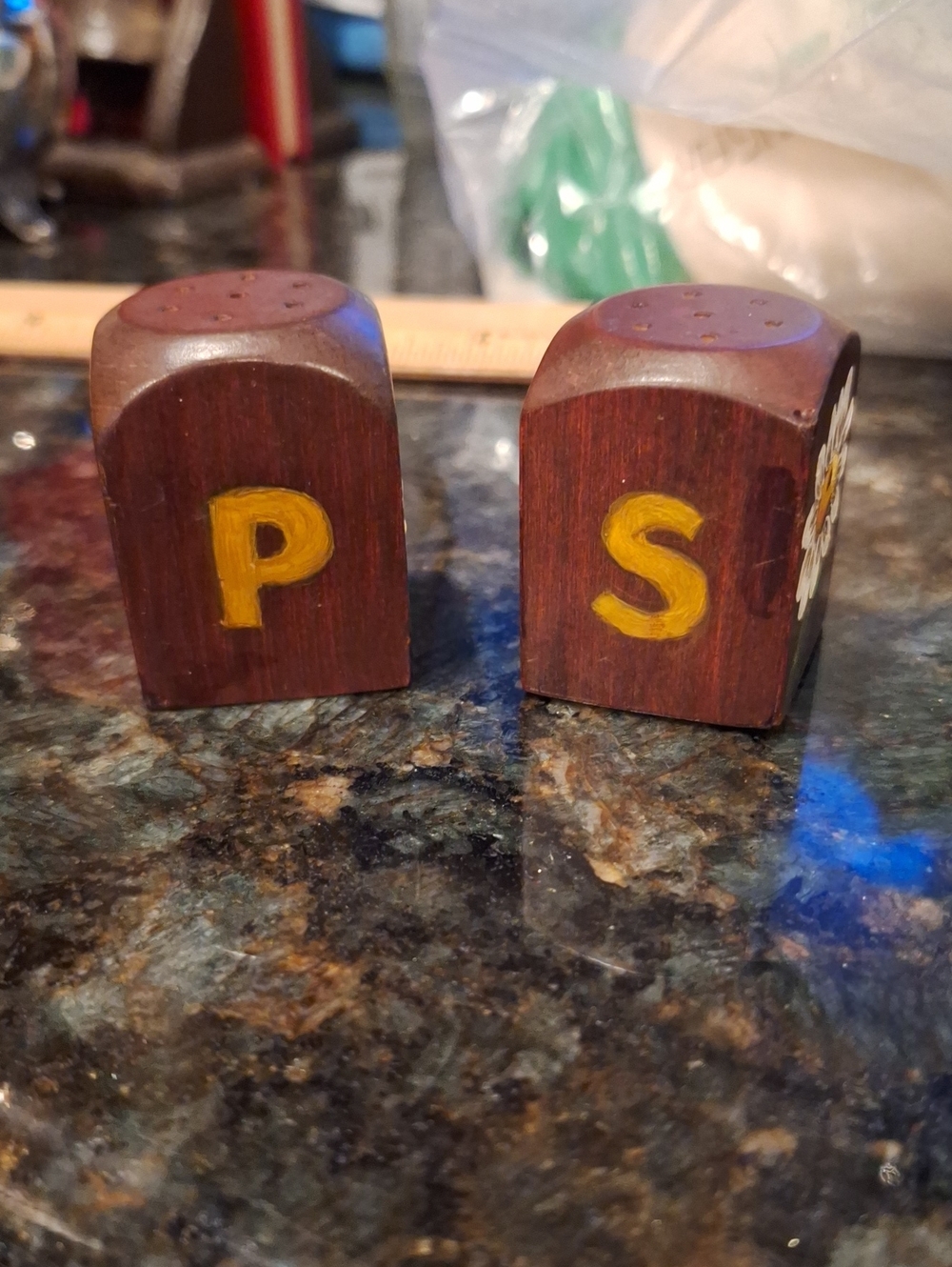 Handpainted Wooden 'P' and 'S' Salt and Pepper Shakers - Brown